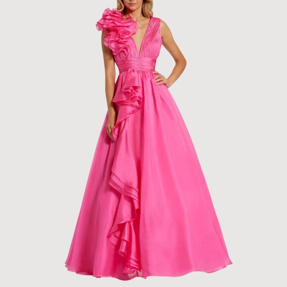 Mac Duggal 48856 Size 10 Hot PInk Ruffle V-Neck Chiffon Ballgown Gown Maxi Dress - Picture 4 of 6